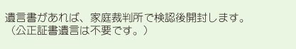遺言書があれば、家庭裁判所で検認後開封します。（公正証書遺言書は不要です。）