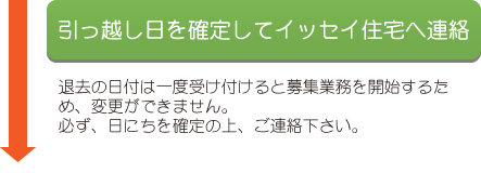 引越日を確定してイッセイ住宅へ連絡 退居の日付は一度受け付けると募集業務を開始するため、変更ができません。必ず、日にちを確定の上、ご連絡下さい。