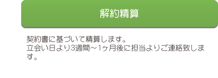 解約精算 契約書に基づいて精算します。立会い日より3週間〜1ヶ月後に担当によりご連絡致します。